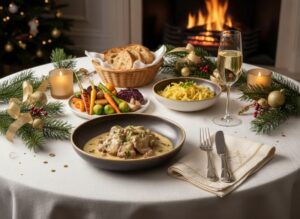 Wein zum Essen Kalbsragout in Champagnersauce mit Wintergemüse auf festlich gedecktem Wintertisch, Champagne Blanc de Blancs im Glas, elegantes Schmorgericht.