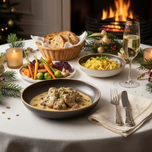 Wein zum Essen Kalbsragout in Champagnersauce mit Wintergemüse auf festlich gedecktem Wintertisch, Champagne Blanc de Blancs im Glas, elegantes Schmorgericht.