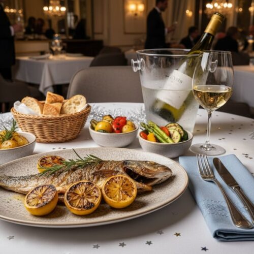 Wein zum Essen Loup de Mer gebacken mit Kräutern und Zitrone neben einer Flasche Cassis Weißwein.