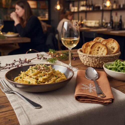 Wein zum Essen Pasta mit Topinamburcreme und gebratenen Haselnüssen auf winterlich gedecktem Bistro-Tisch, dazu Chardonnay AOC Saint-Véran im Glas.