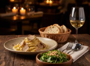 Wein zum Essen Pasta mit Trüffelrahm und ein Glas goldgelber Meursault Wein auf einem dunklen Tisch.