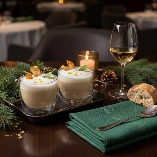 Wein zum Essen Pastinaken-Cappuccino mit Trüffelöl und Kräuterchips in kleinen Tassen auf winterlich gedecktem Restauranttisch, Viognier AOC Condrieu im Weinglas, Kerzenlicht und Tannenzweige.