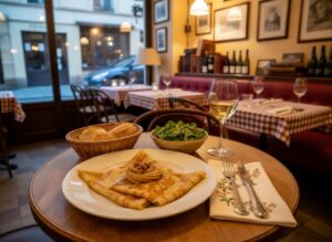 Wein zum Essen Pilz-Crêpes mit Nussbutter, französischer Bistro-Tisch, Weißburgunder im Glas, vegetarisches Gericht mit Pilzen und Crêpes.