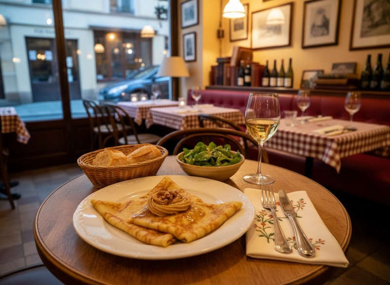 Wein zum Essen Pilz-Crêpes mit Nussbutter, französischer Bistro-Tisch, Weißburgunder im Glas, vegetarisches Gericht mit Pilzen und Crêpes.