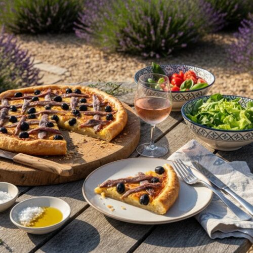 Wein zum Essen: Herzhafte Pissaladière mit Zwiebeln, Sardellen und Oliven neben einem Glas Roséwein auf einer Terrasse.