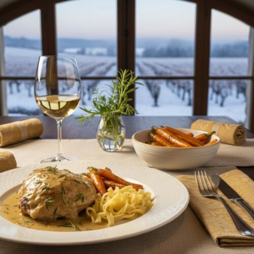 Wein zum Essen Poularde mit Estragonrahm und glasierten Karotten, serviert mit Kartoffelbeilage und Chardonnay Meursault auf elegant gedecktem Tisch