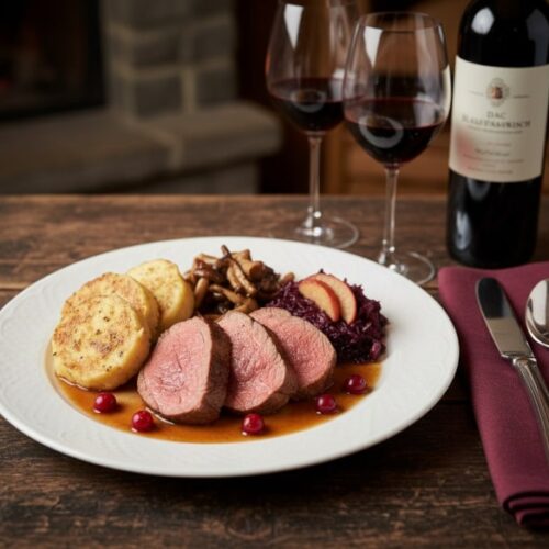 Wein zum Essen: Zarter Rehrücken mit Preiselbeeren und Serviettenknödeln, perfekt begleitet von einem Blaufränkisch aus dem Mittelburgenland.