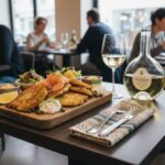 Wein zum Essen Reibekuchen mit Räucherlachs, Crème fraîche, Dill, moderner Bistro-Tisch, Franken Silvaner im Glas, klassisches deutsches Gericht.