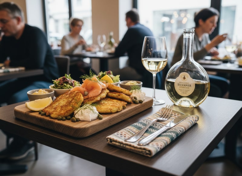Wein zum Essen Reibekuchen mit Räucherlachs, Crème fraîche, Dill, moderner Bistro-Tisch, Franken Silvaner im Glas, klassisches deutsches Gericht.