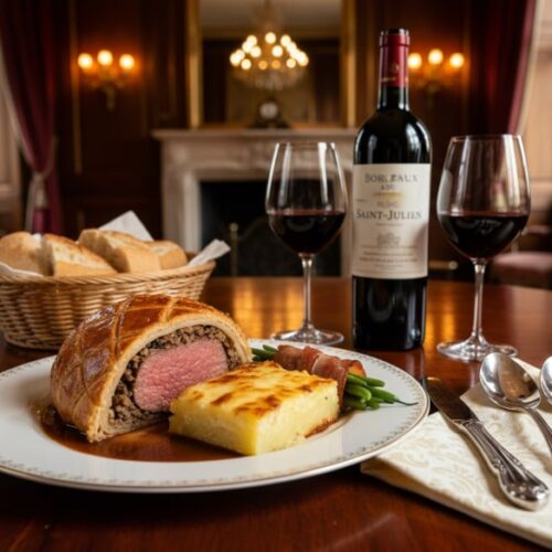 Wein zum Essen: Rinderfilet Wellington mit Trüffeljus, Kartoffelgratin und einem edlen Bordeaux AOC Saint-Julien.