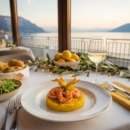 Wein zum Essen: Safranrisotto mit Garnelen, Zucchiniblüten und Lugana Wein in einem Restaurant am Gardasee.
