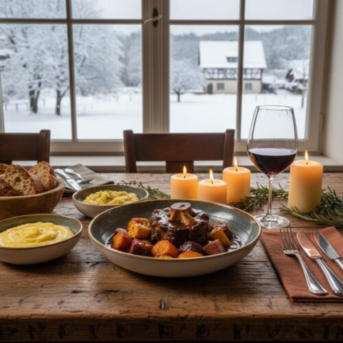 Wein zum Essen Schmorbraten vom Ochsenschwanz mit Wurzelgemüse, Polenta, Kartoffelpüree und Syrah aus Hawke’s Bay auf rustikal gedecktem Restauranttisch