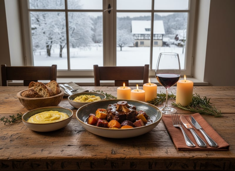 Wein zum Essen Schmorbraten vom Ochsenschwanz mit Wurzelgemüse, Polenta, Kartoffelpüree und Syrah aus Hawke’s Bay auf rustikal gedecktem Restauranttisch