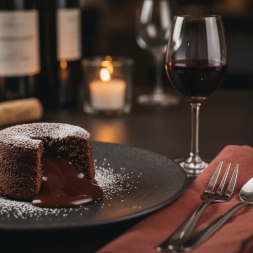 Wein zum Essen Schokoladenfondant mit flüssigem Kern und ein Glas Banyuls auf einem Tisch.