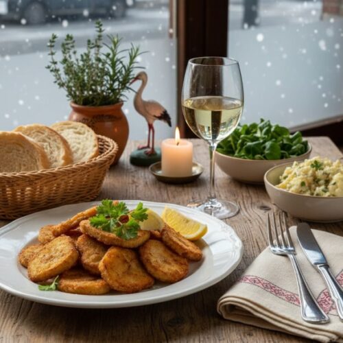 Wein zum Essen Sellerieschnitzel mit Parmesanpanade und Zitronenbutter, angerichtet mit Feldsalat und Kartoffelsalat auf rustikalem Winter-Bistrotisch, Pinot Gris AOC Alsace im Glas.