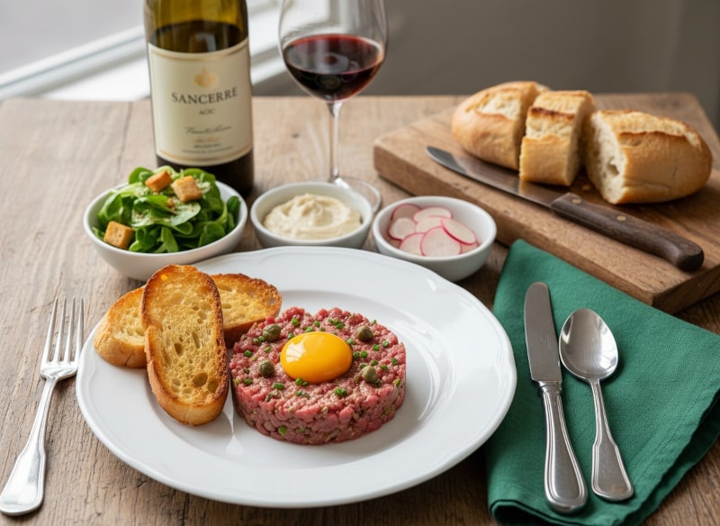 Wein zum Essen: Tatar vom Rind mit Eigelb und Brioche neben einer Flasche Sancerre Rouge.