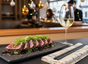 Wein zum Essen Thunfisch-Tataki mit Sesamkruste und ein Glas kühler Mosel Riesling in einer Sushibar