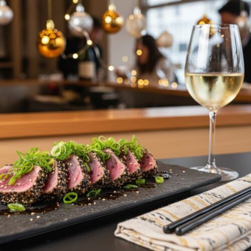 Wein zum Essen Thunfisch-Tataki mit Sesamkruste und ein Glas kühler Mosel Riesling in einer Sushibar