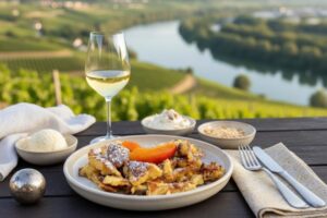 Wein zum Essen: Fluffiger Topfenschmarrn mit fruchtigem Marillenröster und einem Glas Muskateller Wein in der Wachau.