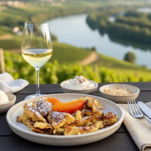 Wein zum Essen: Fluffiger Topfenschmarrn mit fruchtigem Marillenröster und einem Glas Muskateller Wein in der Wachau.