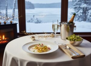 Wein zum Essen: Hummer-Tortellini in Champagnerrahm serviert mit einem Glas Champagner.