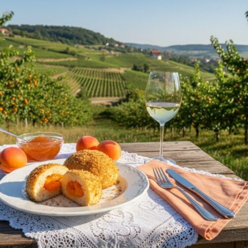 Wein zum Essen: Wachauer Marillenknödel mit Butterbröseln und einem Glas Riesling Wein im sommerlichen Garten.