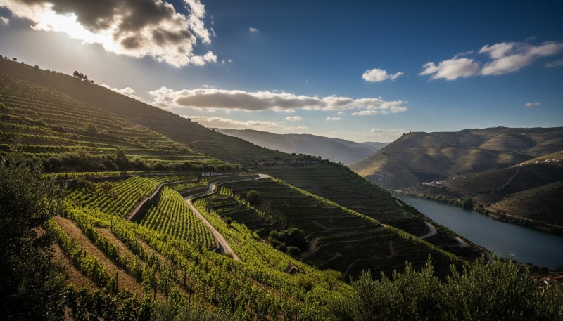Blick auf die terrassierten Weinberge des Douro-Tals mit dem Douro-Fluss im Hintergrund – UNESCO-Weltkulturerbe und Heimat legendärer Weine