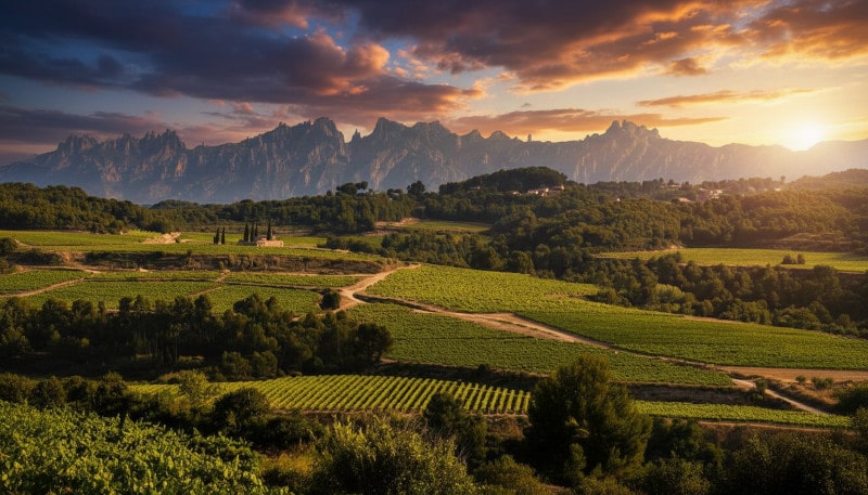 Weinberge im Penedès bei Sonnenuntergang, im Hintergrund das Montserrat-Massiv