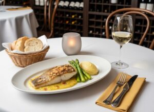 Wein zum Essen – Zanderfilet auf Safran-Lauchrahm mit Mandelblättchen, serviert mit Kartoffelpüree, grünem Spargel und einem Glas Pinot Blanc d’Alsace in elegantem Restaurantambiente