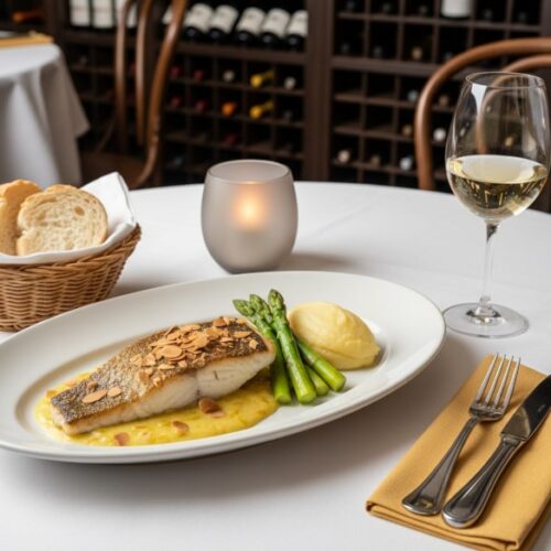 Wein zum Essen – Zanderfilet auf Safran-Lauchrahm mit Mandelblättchen, serviert mit Kartoffelpüree, grünem Spargel und einem Glas Pinot Blanc d’Alsace in elegantem Restaurantambiente