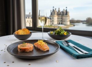Wein zum Essen: Zweierlei vom Lachs mit Tatar und confiertem Filet sowie einem Glas Crémant de Loire im sonnigen Bistro.