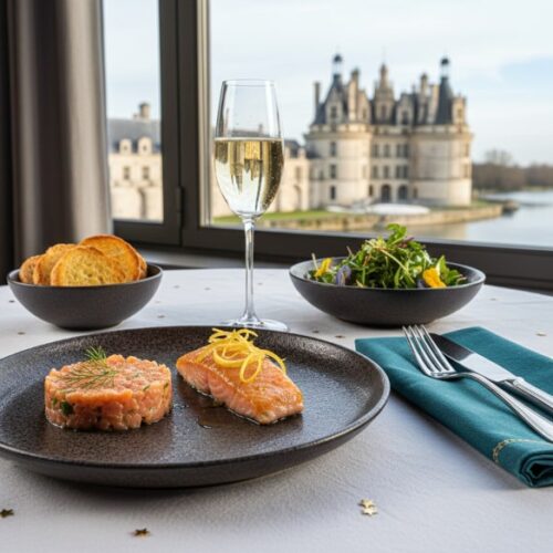 Wein zum Essen: Zweierlei vom Lachs mit Tatar und confiertem Filet sowie einem Glas Crémant de Loire im sonnigen Bistro.