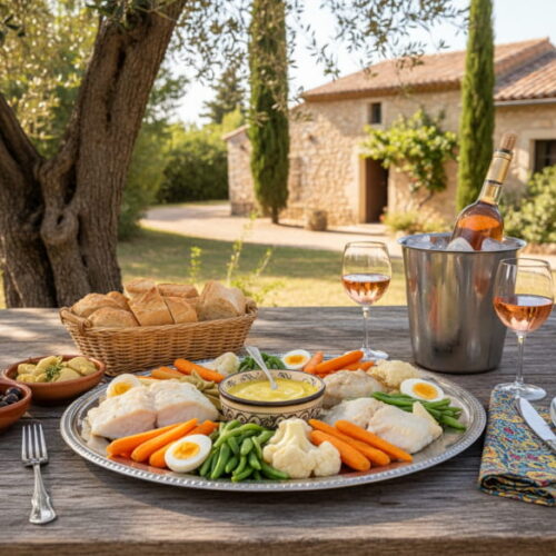 Wein zum Essen: Aioli Provençal mit Kabeljau, Gemüse und einer Flasche Bandol Rosé auf einem Gartentisch in Südfrankreich.