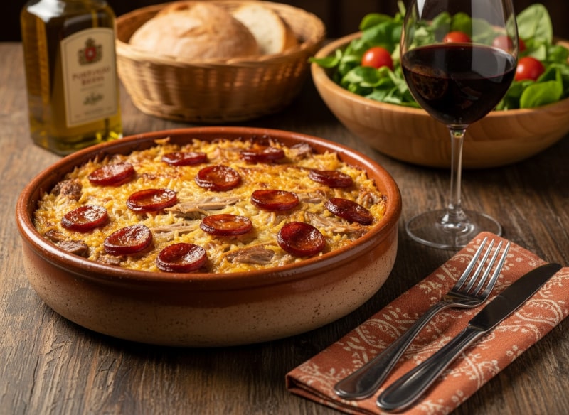 Wein zum Essen: Portugiesischer Arroz de pato Entenreis mit Chouriço und einem Glas Rotwein aus dem Douro.