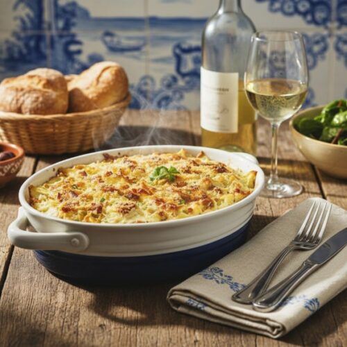 Wein zum Essen: Portugiesischer Bacalhau com natas Auflauf mit einer Flasche Douro Weißwein.