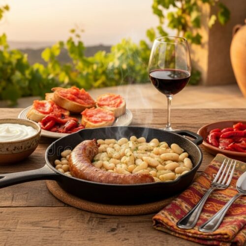 Wein zum Essen - Katalanische Butifarra mit weißen Bohnen, Aioli und Pan con tomate neben einem Glas Rotwein auf einer Terrasse.