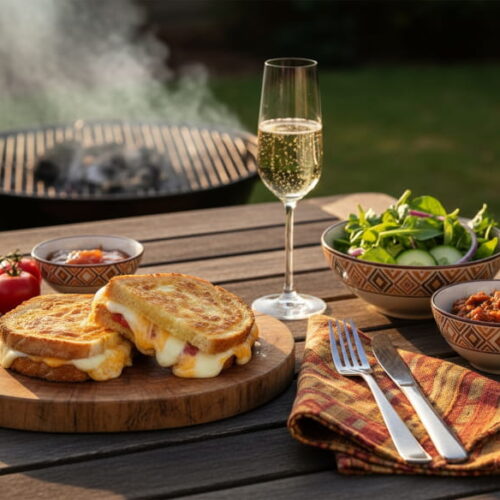 Wein zum Essen: Knusprige Braaibrotjies vom Grill und ein Glas kühler Methode Cap Classique in einem südafrikanischen Garten.