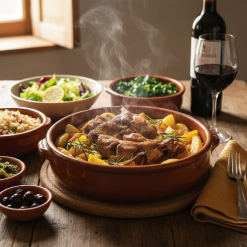 Wein zum Essen: Portugiesischer Cabrito assado Ziegenbraten mit Kartoffeln und einem Glas Rotwein aus dem Douro.