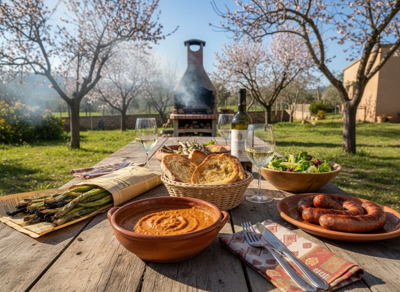 Wein zum Essen: Gegrillte Calçots mit Romesco-Sauce und ein Glas Parellada Weißwein auf einem rustikalen katalanischen Tisch.