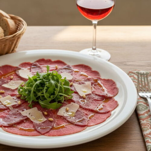 Wein zum Essen: Carpaccio vom Rind mit Parmesan, Pinienkernen und einem Glas Bardolino.