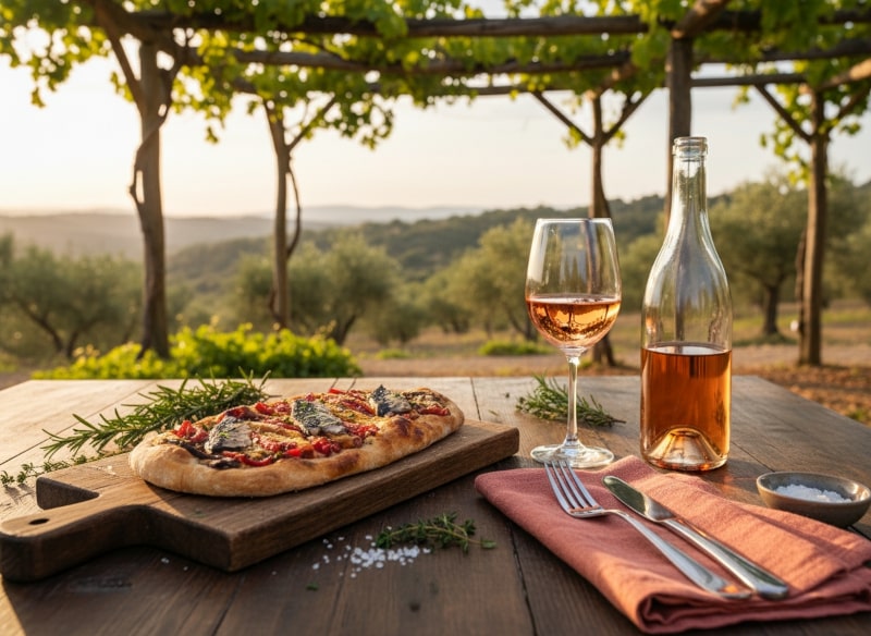 Wein zum Essen: Katalanische Coca de recapte mit Rosado Wein im sonnigen Garten.