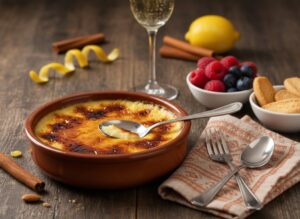 Wein zum Essen: Eine klassische Crema Catalana mit gebrannter Zuckerkruste neben einem Glas Cava Schaumwein.