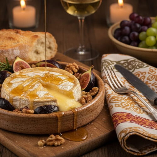 Wein zum Essen: Gebackener Camembert mit Feigen, Walnüssen und Honig neben einem Glas Gewürztraminer.