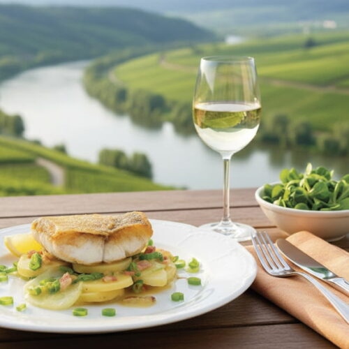 Wein zum Essen: Gebratene Donau-Zander Filets mit Erdäpfelsalat und Riesling Wein.