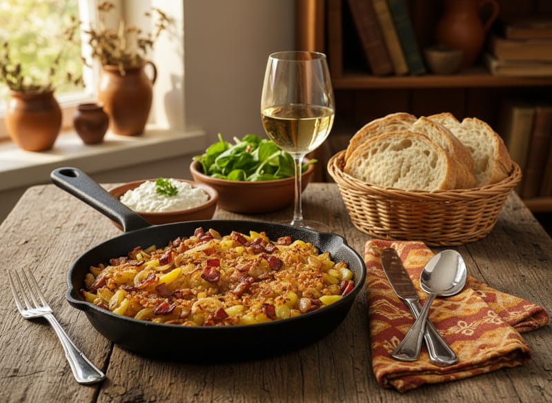 Wein zum Essen: Knusprige Pfälzer Gebreedelde und ein Glas Müller-Thurgau.