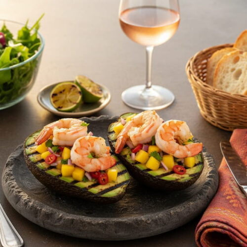 Wein zum Essen: Gegrillte Avocado mit Mango-Chili-Salsa, Garnelen und ein Glas gekühlter Provence Rosé.