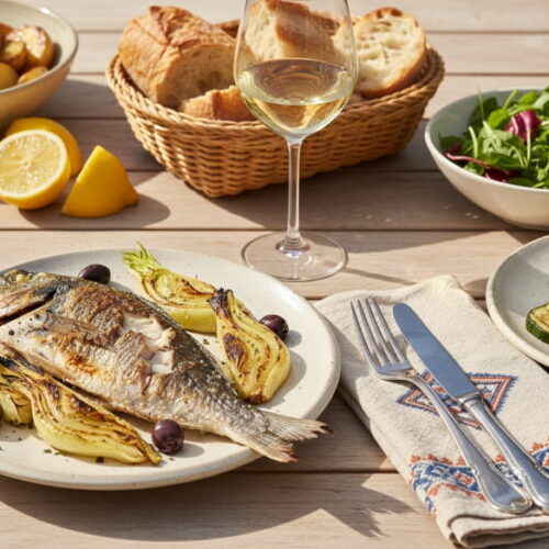 Wein zum Essen: Gegrillte Dorade mit Fenchel & Oliven serviert mit einem Glas weißen Lirac Wein auf einer sommerlichen Terrasse.