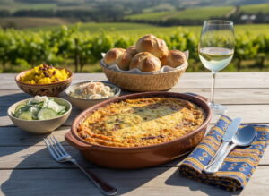 Wein zum Essen: Vegetarisches Gemüse-Bobotie mit Linsenfüllung und ein Glas Chenin Blanc Darling.