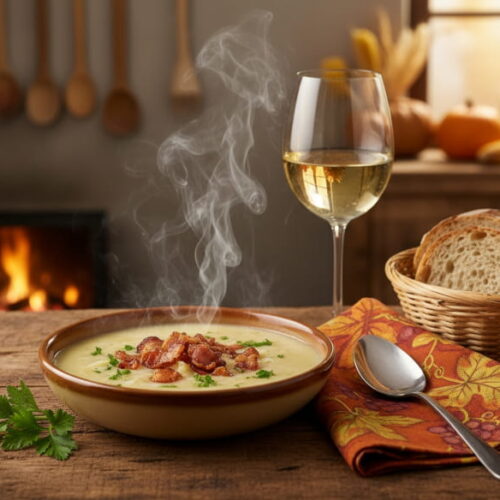 Wein zum Essen: Pfälzer Grumbeersupp mit Speck und ein Glas Riesling.