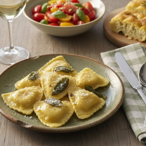 Wein zum Essen: Herz-Ravioli mit Ricotta-Zitronen-Füllung in Salbeibutter und ein Glas Weißburgunder.